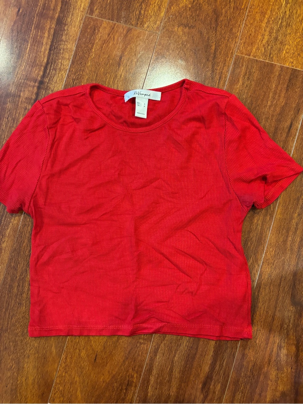 Revamped Red Ribbed Crewneck Crop Top